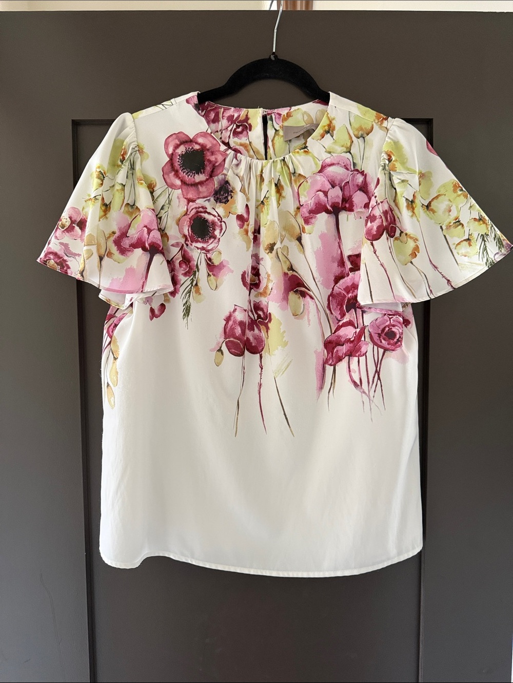 Floral Ruffle Sleeve Women's Top - White with Pink Floral